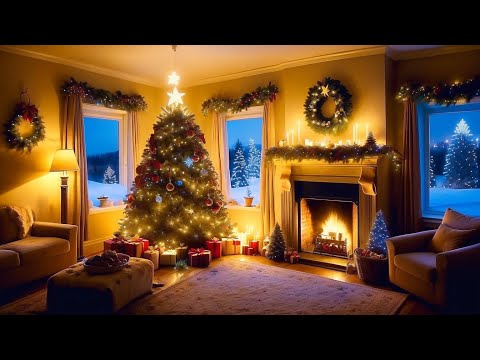 Healing music with wood burning in the living room fireplace on a snowy night