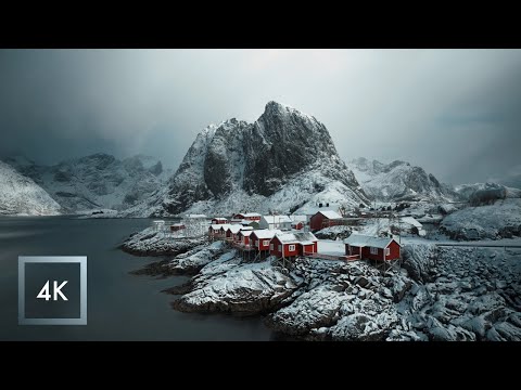 Snowfall in The Lofoten Islands, Norway, Nature Sounds for Sleep, Hamn&oslash;y and Reine | 4K