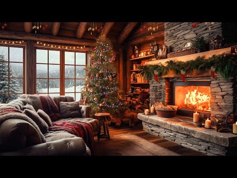 HD Christmas Tree Log Cabin Ambience -  Fire crackling sound -  Cosy living room Snow falling