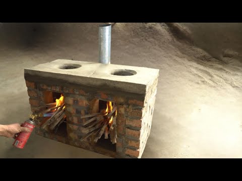 Two-Compartment Wood-Burning Stove with Chimney: Built with Bricks and Concrete