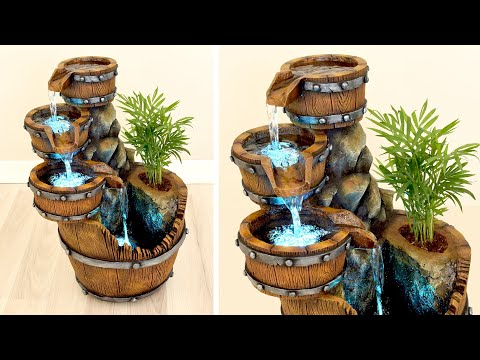 DIY Concrete Barrel Waterfall Fountain Pot || Cement Craft Idea