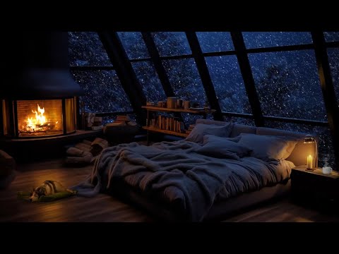 The ambiance felt from the window of the cabin on a cold snowy winter day | Warm, relaxing fireplace