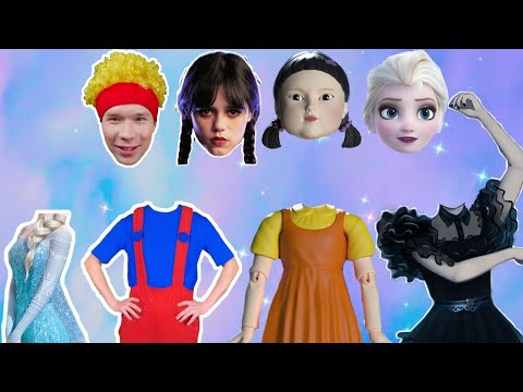 Choose Head for Wednesday Addams, Frozen Elsa, Squidgame Doll and D Billion