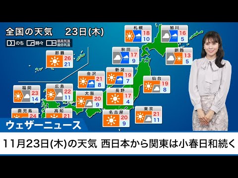 11月23日(木)の天気予報　西日本から関東は小春日和続く　日本海側は次第に雨