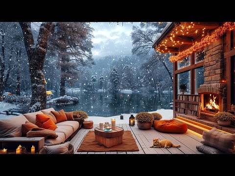 Lakeside Porch Ambience ☕ Winter Morning with Smooth Jazz Music &amp; Fireplace Sounds to Relax, Study