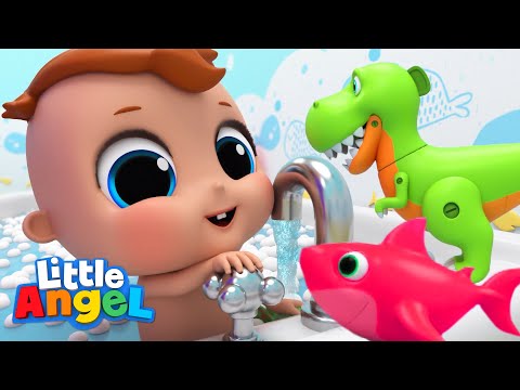 Dinosaur and Baby Shark Bath Toys Song | Little Angel Kids Cartoons and Nursery Rhymes