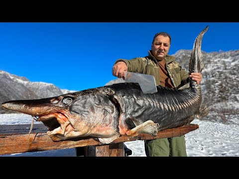 A Giant Sturgeon Roasted Under A Barrel In A Bonfire! Dinner In A Snowy Village