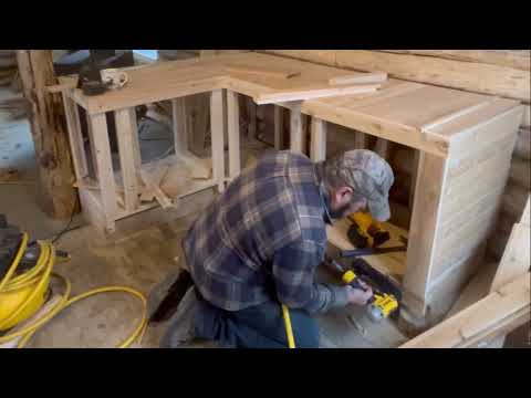 Working hard to get my kitchen done at my off grid log cabin , survival, woodwork.