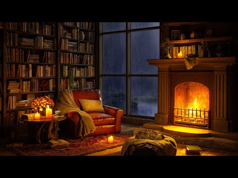 Cozy Reading Nook Ambience with Smooth Jazz Music - Rain on Window &amp; Warm Fireplace Sounds for Sleep