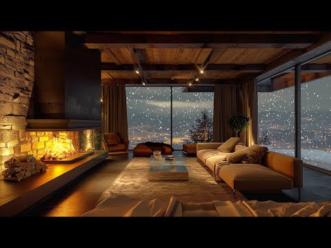 Snow Falling Day In Cozy Winter Room Ambience With Fireplace Sound and Relaxing Snowfall