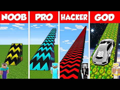 Minecraft Battle: NOOB vs PRO vs HACKER vs GOD: SUPER RAMP SPRINGBOARD BUILD CHALLENGE / Animation