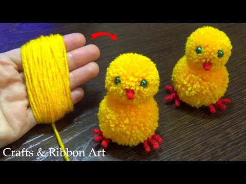 Super Easy Pom Pom Chicken Making Idea with Fingers - DIY Pom Pom Chick - How to Make Yarn Chicken