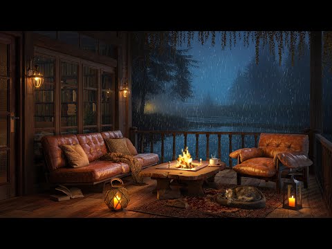 Cozy Balcony Lakeside with Smooth Jazz 🌨 Relaxing Rain, Crackling Fire, White Noise, ASMR Sleep 4K