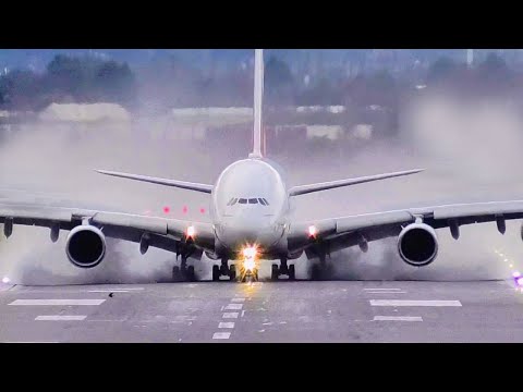 EMIRATES A380 ✈️ GO AROUND and MEGA SPRAY LANDING