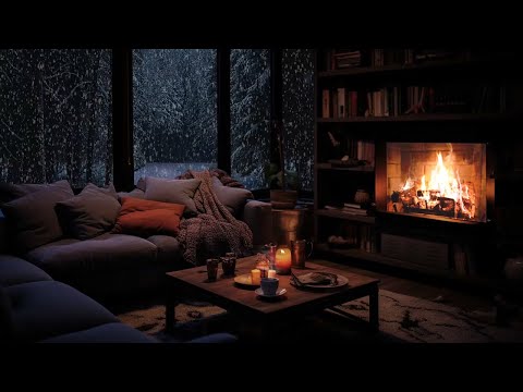 Say goodbye to insomnia and stress with a snowstorm in the forest | Warm fireplace at night