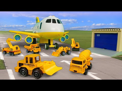 Das Spielzeug-Flugzeug bringt die Helfer Autos zu ihren Arbeitspl&auml;tzen. Video f&uuml;r Kinder