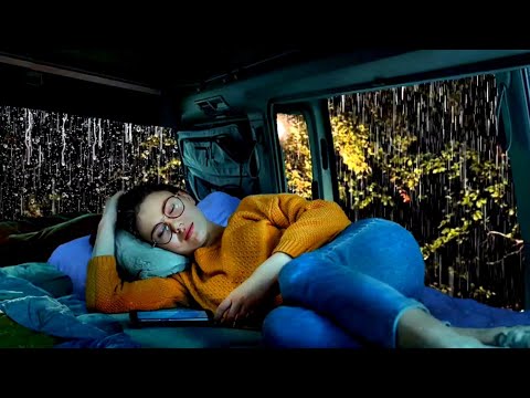 Real Rain Sound for Sleep ~ Relaxing rain sounds on a camping car Window ~ A Night Thunderstorm ~