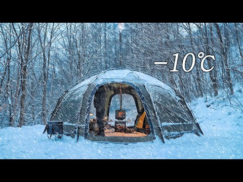 -10℃ Solo Camping in Heavy Snow with My Dog . Relaxing in the Hot Tent . Wood Stove ASMR