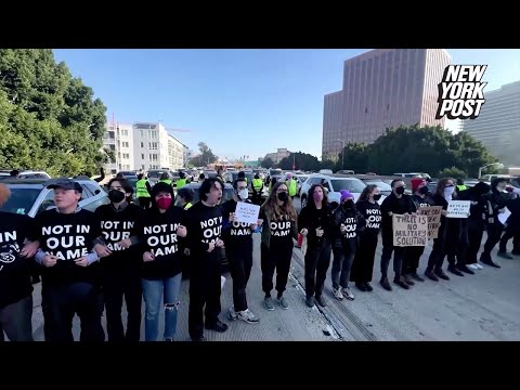 Angry drivers try to move Pro-Palestinian protesters who shut down LA freeway during rush hour