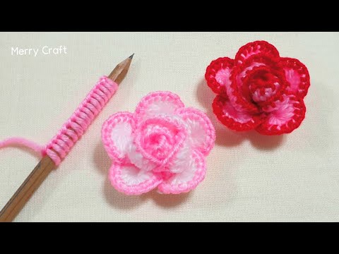 Amazing Rose Flower Making Idea with Pencil - Hand Embroidery Design Trick - DIY Woolen Flowers