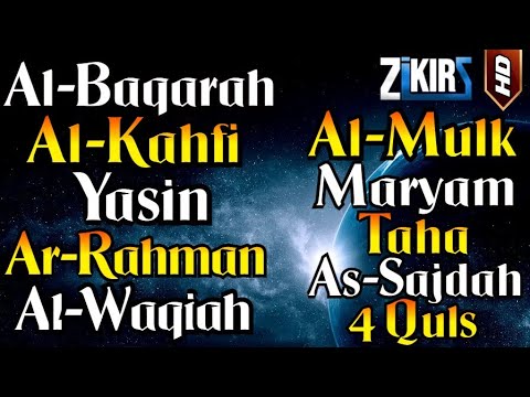 Surah Al Baqarah, Al Kahfi, Yasin, Ar Rahman, Al Waqiah, Al Mulk, Maryam, Taha, As Sajdah, 4 Quls