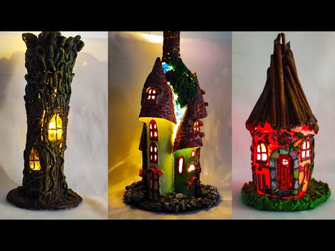 3 ideas Bottle Art and Glass Jar decoration. Fairy house lamps using cardboard and paper