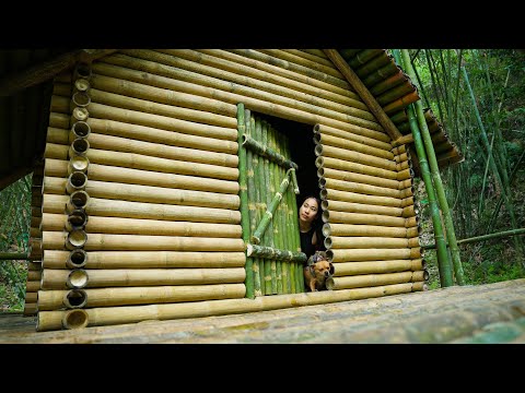 Solo Bushcraft Day 5 - Finishing Bamboo Cabin, Making Doors, Steps and Planting Flowers, Part 3