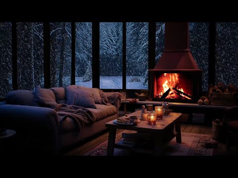 Calming Blizzard Sounds for Deep Sleep | Wooden house with warm fireplace