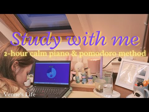 2-HOUR STUDY WITH ME🌦️🎹 Calm piano | A Rainy Day  | Pomodoro 25/5 | Realtime | Countdown + Alarm