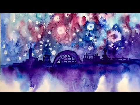 Aquarell Bild sehr EINFACH Nacht Stadt Feuerwerk &uuml;ber Stadt Abstrakt mit Alkohol Trick f&uuml;r Anf&auml;nger