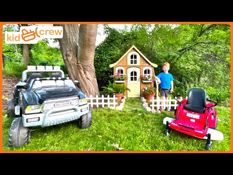 Moving house and landscaping with kids ride on truck and zero turn lawnmower. Educational | Kid Crew