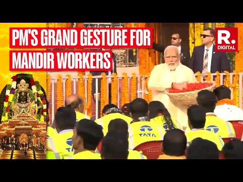 Watch: PM Modi showers flower petals on construction crew of Ayodhya&rsquo;s Ram Mandir