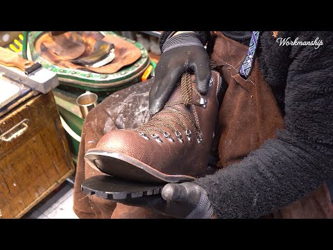 Process of Making Hiking Boots by Professional Mountaineer. Korean Shoemaker