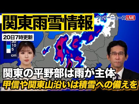 【関東雨雪情報】甲信や関東山沿いではミゾレや湿った雪・都心は雨の見通し（20日7時更新）