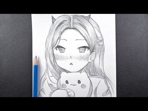 Draw Cute | how to Draw Anime Girl with cat step by step | tutorial Drawing