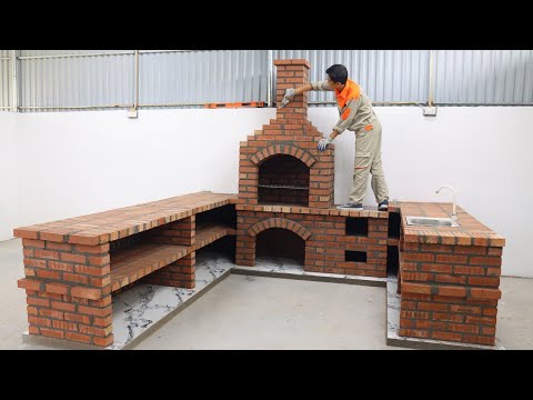 Building Outdoor Multifunction Wood Stove Effective From Red Brick and Cement