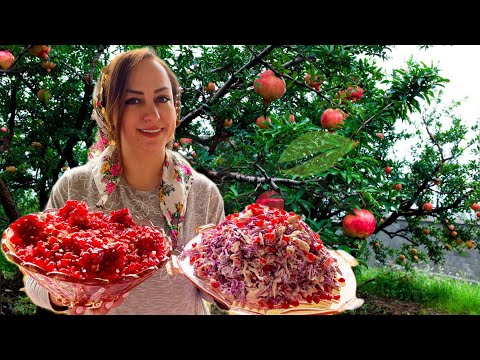 Making delicious salad with fresh pomegranate in the mountain village of Iran:pomegranate juice