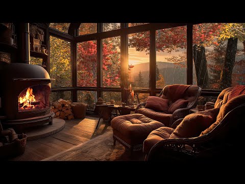 Cozy Autumn Nook - Gentle Rain Sounds on Window &amp; Fireplace with Fall Ambience | 3 Hours