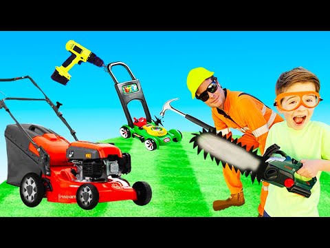 Lawn mower weed eater videos for toddlers | blippi toy | min min playtime kids fix it with Tools set