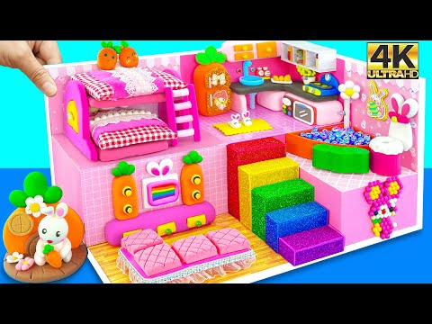 How To Make Pink Bunny House with Bunk Bed, Rainbow Stairs from Polymer Clay ❤️ DIY Miniature House