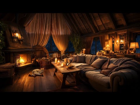 Thunderstorm, Rain &amp; Crackling Fire - Cozy Wooden Cabin, Warm Ambience, Sleeping Cats, Relax &amp; Sleep