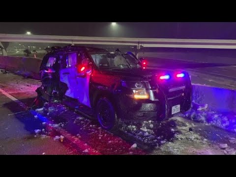 Video shows terrifying moments when semi-trucks crashed into Fort Worth police car during ice storm