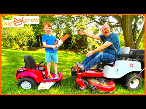 Landscaping race with zero turn, truck, tractor, chainsaw, and weed wacker. Educational | Kid Crew