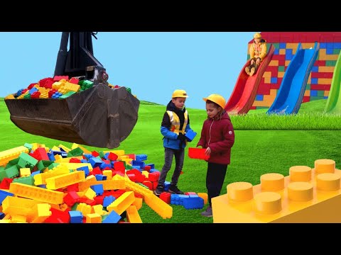 The kids build a Lego tower with a real construction vehicle 🚧👷&zwj;♀👷&zwj;♂