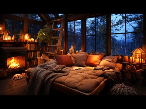 Thunderstorm with Lightnings, Rain on Window and Gentle Crackling Fire in a Cozy Bedroom Ambience