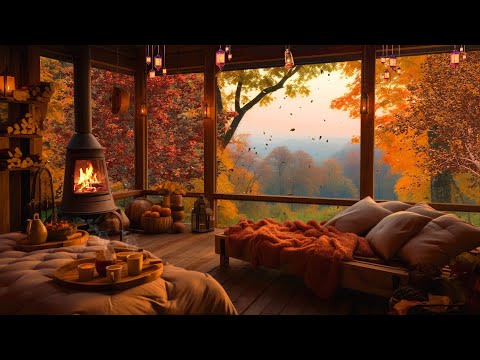 Cozy autumn sunny morning ambience with nature sounds for sleep, fall leaves &amp; cozy treehouse