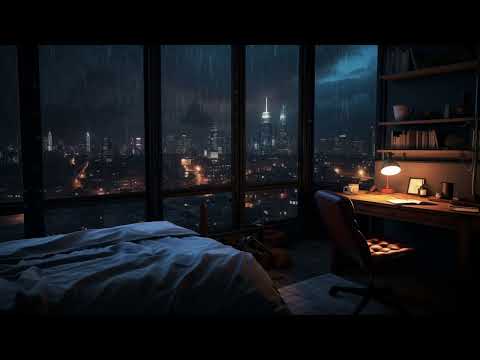 Cityscape Serenity Night Rain Sounds on Window in Cozy Room | Urban Relaxation Ambiance