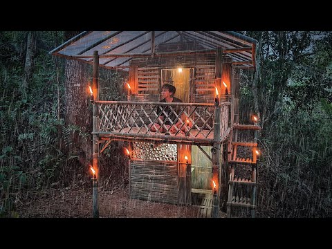 3days solo camping Build a multi-story shelter with minimalist bamboo stairs||Solo camping-Bushcraft