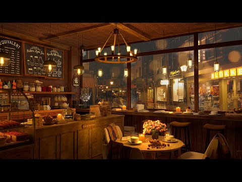 Relaxing Piano Jazz Music | Cozy Coffee Shop 4K ☕ | Background Instrumental to Relax, Study, Work.