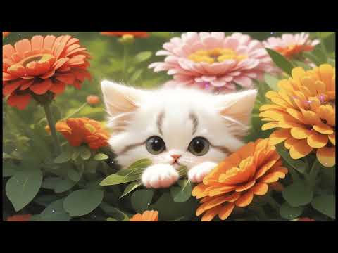 Butterfly Serenade: Music Channel with a White Kitten and Colorful Butterflies among Money Plants